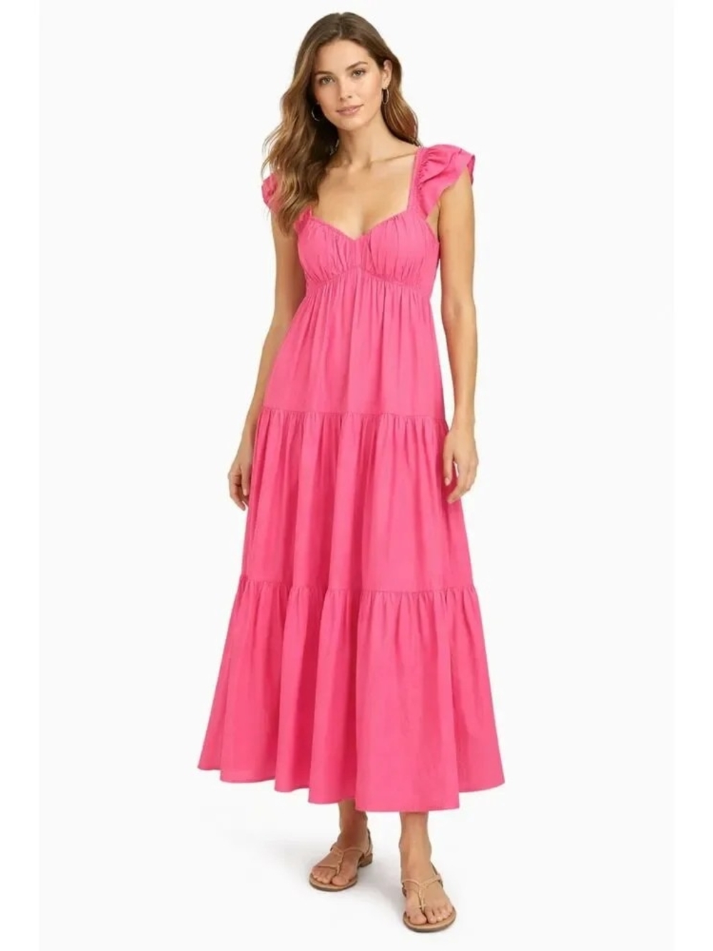 Abercrombie & Fitch Bright Bubblegum Pink Tiered Maxi Dress Ruffle Straps Sz M